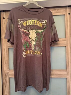 Western Outlaw Graphic Mini Dress in Brown